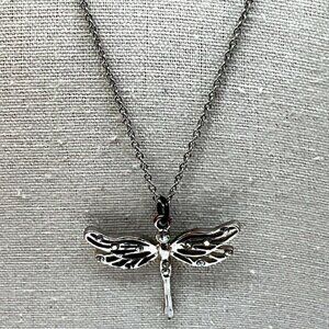 Silver Tone Dragonfly Pendant Necklace With Rhinestones    M75
